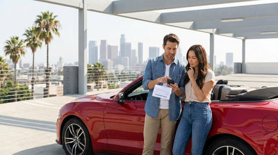 A silver car hire sedan drives past iconic palm trees under a clear blue sky in Los Angeles