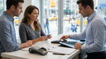 A customer at a New York airport counter uses a credit card to pay the deposit for their car hire