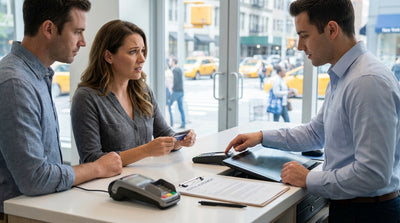 A customer at a New York airport counter uses a credit card to pay the deposit for their car hire