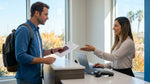 A person's hands passing documents to an agent at a car rental counter inside a modern Texas airport