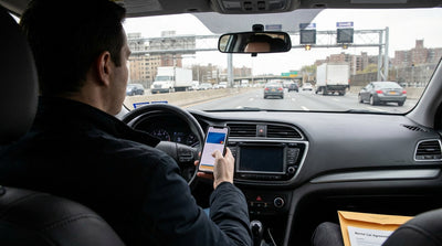 A modern car rental drives under a cashless toll gantry on a highway in New York