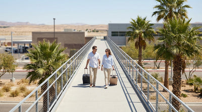 The modern, multi-story car rental center building in Las Vegas under a clear blue sky