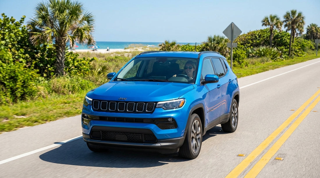 A convertible car hire driving down a sun-drenched road lined with palm trees near Orlando