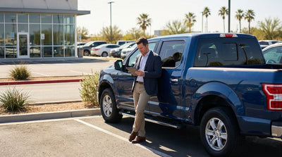 A modern sedan car rental driving down a long, empty highway under a big sky in West Texas