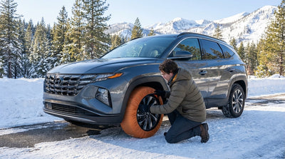 A car rental driving up a snowy mountain road lined with pine trees in California