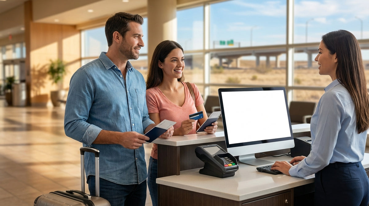 A modern car hire vehicle on a scenic, empty road driving through the vast Texas landscape