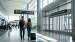 Traveler rolling luggage through an airport terminal toward a car rental desk in San Francisco