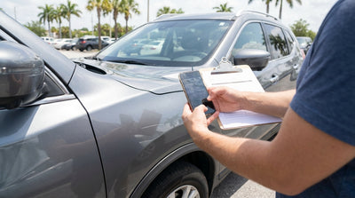 A person checks a damage report form against their car rental vehicle in a sunny Florida parking lot