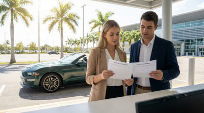 A shiny convertible car rental on a sunny street in Miami with palm trees and colorful Art Deco hotels in the background