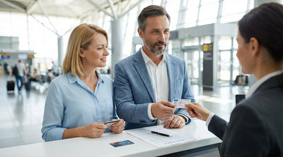 A happy couple driving a convertible car hire along a sunny coastal road in Florida