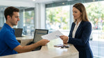 Person holding a paper document and keys beside a vehicle at a car rental lot in Pennsylvania