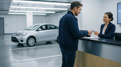 A person hands a credit card to an agent to pay for their car hire at a rental desk in New York