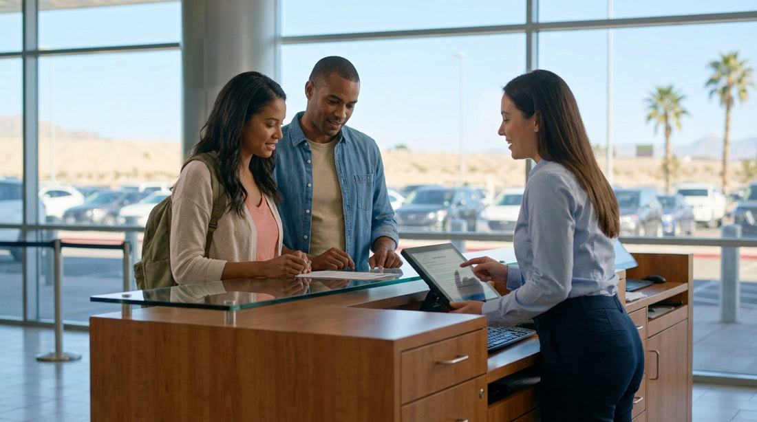 View from a car hire of the neon-lit Las Vegas Strip at night, showing hotels and casino signs