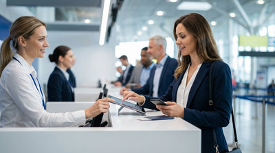 A long queue of travelers waiting at a car rental counter inside a busy New York airport