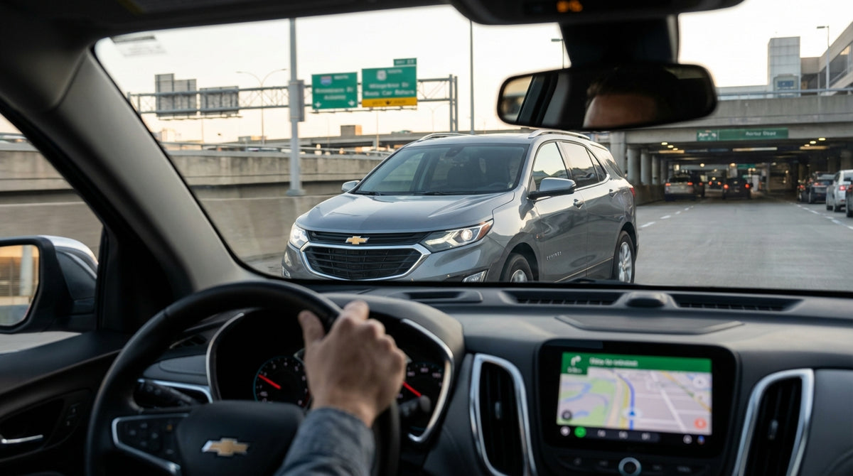 A driver's view of confusing highway signs for the car rental return at a New York airport