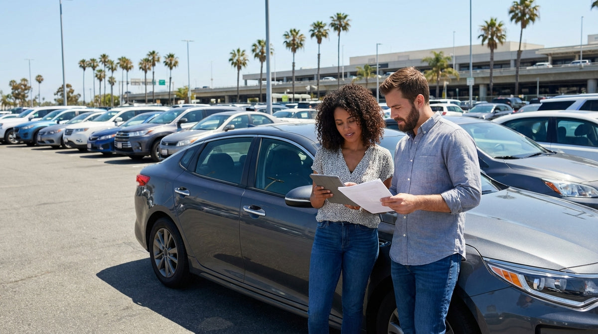 A red convertible for car hire drives along a desert highway with iconic buttes in the background in the United Estates