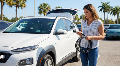A white electric car rental plugged into a charging station in a sunny Florida lot with palm trees in the background