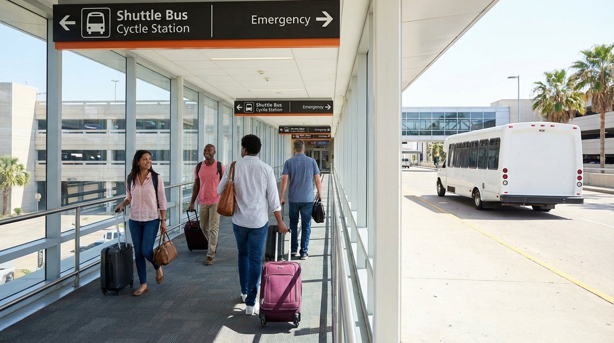 A traveler with luggage follows overhead signs for the car rental shuttle at DFW Airport in Texas
