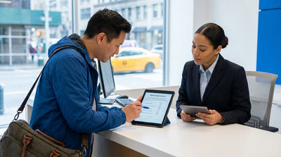 A traveler reviews their car rental contract with the iconic yellow cabs of New York City blurred in the background