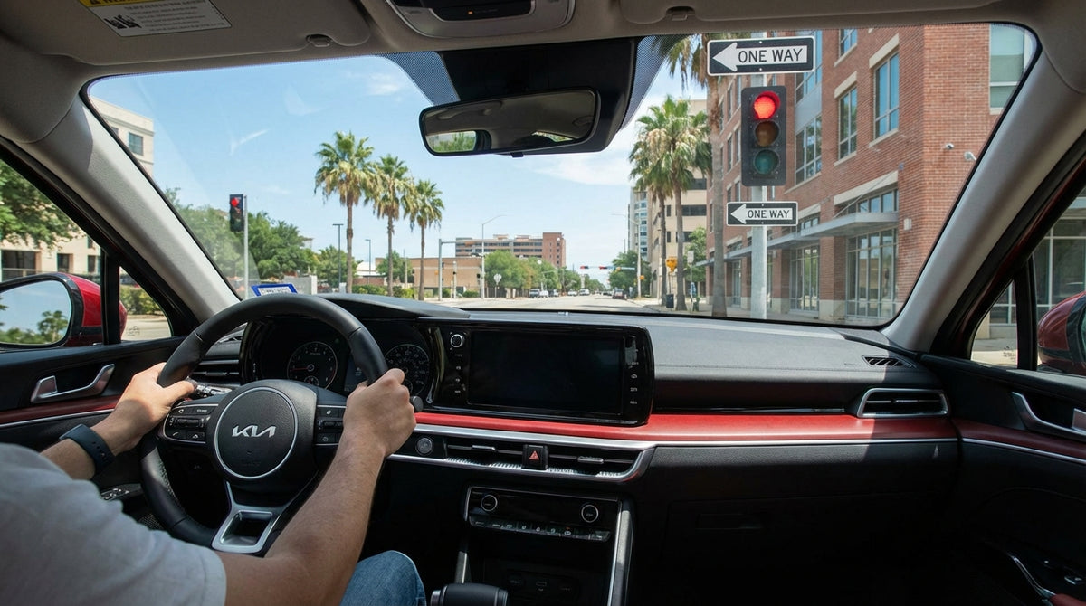 Inside a car hire, waiting at a red traffic light on a one-way street in a Texas city