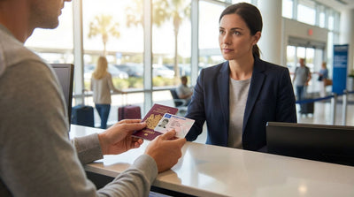 A person shows their UK driving licence at a car hire desk in an Orlando airport terminal