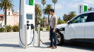 A modern electric car rental is plugged into a public charging station on a sunny day in California
