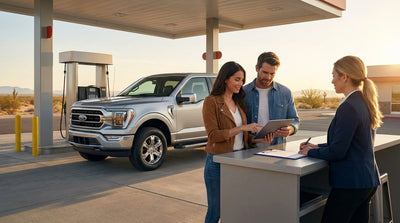 A person holds a fuel nozzle to refuel their car rental at a gas station pump in Texas