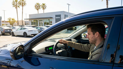 A person plugging an electric car rental into a charger on a sunny day in California