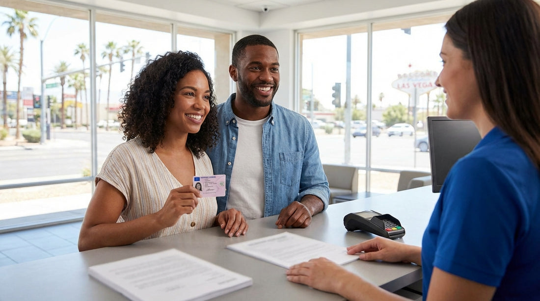 A red convertible car rental driving down the Las Vegas Strip at night among bright neon signs