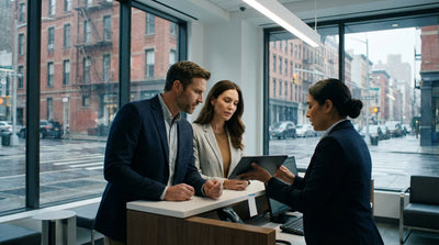A car rental drives over the Brooklyn Bridge with the New York City skyline in the background