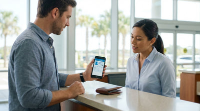 A red convertible car hire driving on a coastal road with palm trees in sunny Florida