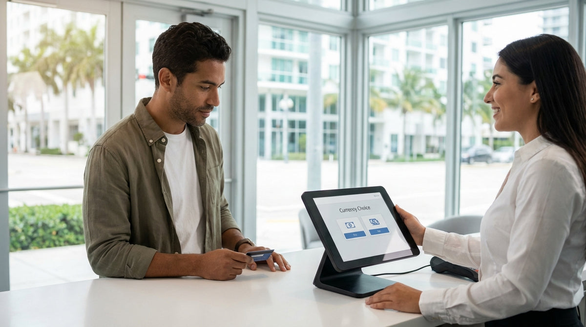 A convertible car hire parked on a sunlit street lined with palm trees in Miami