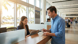 Person holding a driving licence and keys inside a car rental on a sunny road in Florida