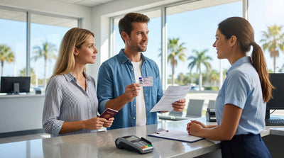 A red convertible car hire driving down a scenic, palm-lined road in sunny Florida