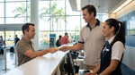 Traveler giving a cash tip to a shuttle driver at a sunny Florida car hire facility