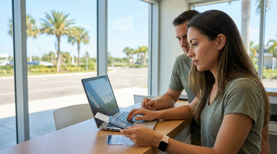 A convertible car hire drives along a scenic, palm-tree-lined coastal road in sunny Florida