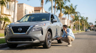 A person on the phone stands next to their parked car hire on a sunny, palm-tree-lined street in Los Angeles