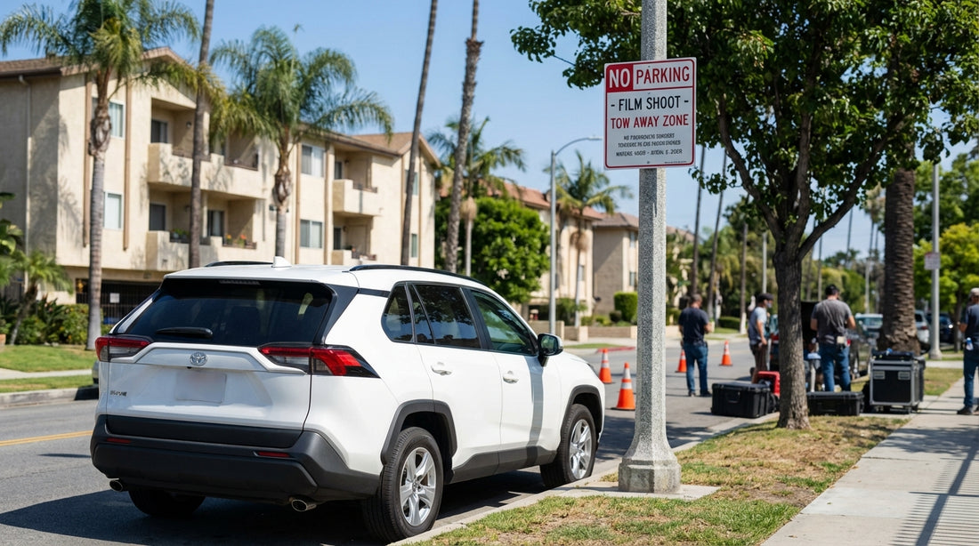 A car hire vehicle parked on a sunny Los Angeles street next to a 'No Parking' sign for a film shoot