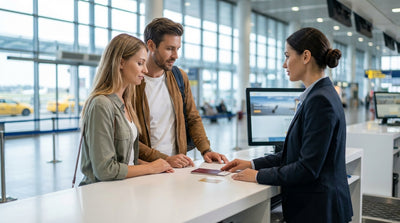 A modern car hire vehicle driving through the bright, bustling streets of Times Square in New York City