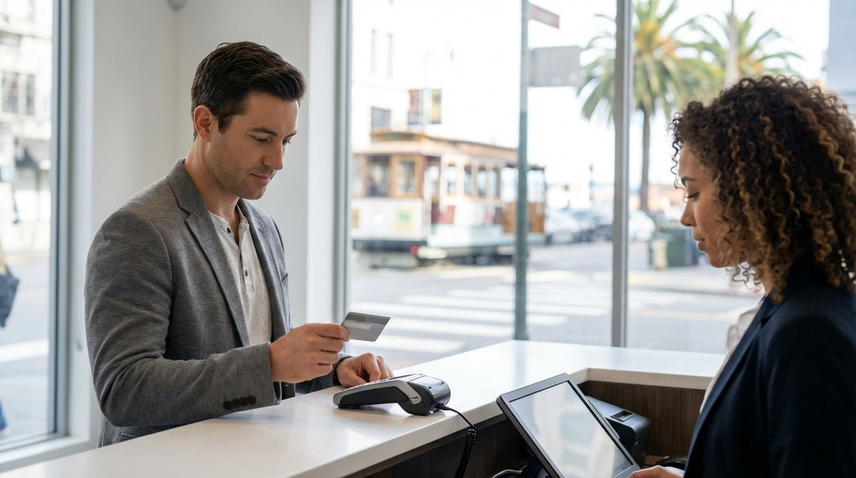 A convertible car hire driving over the Golden Gate Bridge on a sunny day in San Francisco