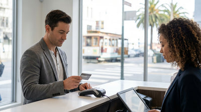 A convertible car hire driving over the Golden Gate Bridge on a sunny day in San Francisco