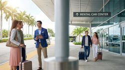 Traveler with a suitcase picking up a car rental outside a sunny Miami airport terminal