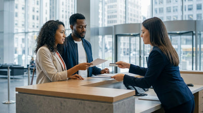 A person stands at a car hire counter in a New York airport, speaking with an agent