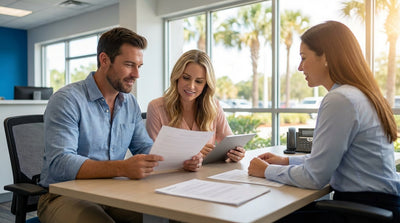 A red convertible car hire driving down a sunny, palm-lined street in Orlando