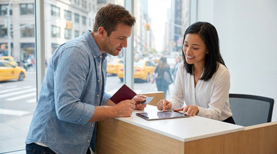 A silver car rental parked on a busy street with yellow cabs and skyscrapers in New York City
