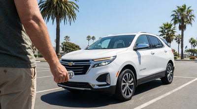 A modern car rental parked on a sunny street lined with palm trees in California