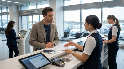 A person accepts keys for their red convertible car hire at an airport rental desk in Orlando