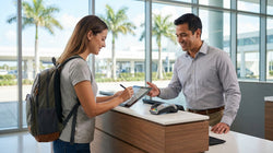 Person signing a digital tablet with a stylus at a car rental counter in Florida