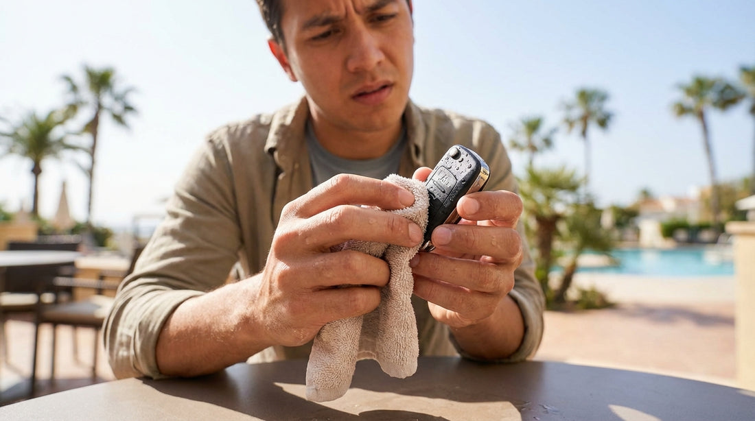 A modern car hire key fob held in a person's hand on a sunny beach in Florida