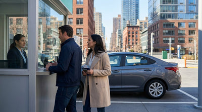 A sleek car hire drives through the bustling streets of New York City surrounded by skyscrapers and yellow cabs